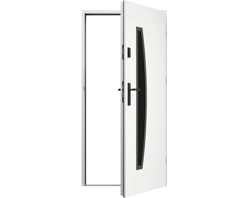 Otevřené bílé vchodové dveře s černým oknem a klikou