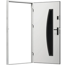 Otevřené bílé vchodové dveře s černým ozdobným prvkem