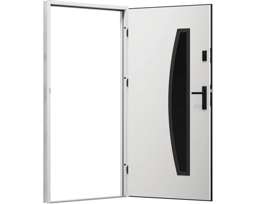 Otevřené bílé vchodové dveře s černým ozdobným prvkem