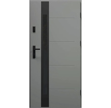 Šedé vchodové dveře s rovnými liniemi a černým akcentním pruhem
