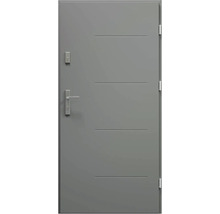 Šedé vchodové dveře s vodorovnými ozdobnými drážkami a stříbrnou klikou.