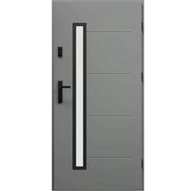 Šedé vchodové dveře se skleněnou vložkou a klikou