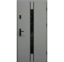 Šedé vstupní dveře se skleněnou vložkou, klikou a zámkem