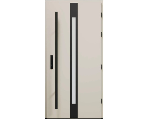 Moderní vchodové dveře se skleněnou vložkou a rovnou rukojetí