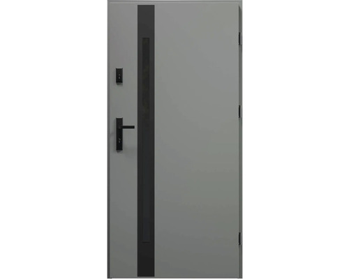 Šedé vchodové dveře s klikou a zámkem