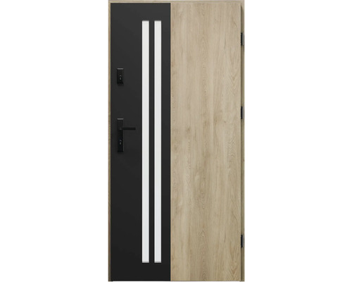 Vchodové dveře s dřevěnou strukturou a dvěma prosklenými otvory