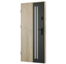 Moderní vchodové dveře s dřevěným dekorem a skleněnými prvky