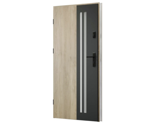 Moderní vchodové dveře s dřevěným dekorem a skleněnými prvky