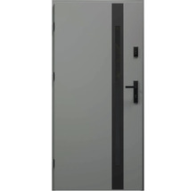 Šedé vstupní dveře s černou klikou a zámkem