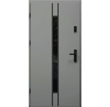 Šedé vchodové dveře se skleněnou vložkou, klikou a zámkem