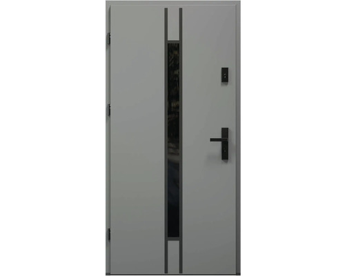 Šedé vchodové dveře se skleněnou vložkou, klikou a zámkem