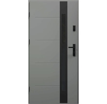 Šedé vchodové dveře s klikou a skleněnou vložkou