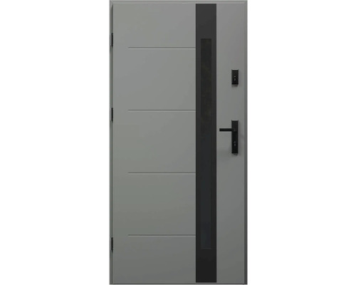 Šedé vchodové dveře s klikou a skleněnou vložkou