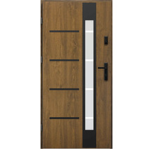 Dřevěné venkovní dveře se skleněnou vložkou a klikou