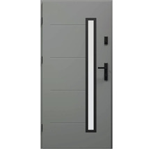 Šedé vchodové dveře se skleněnou vložkou a klikou