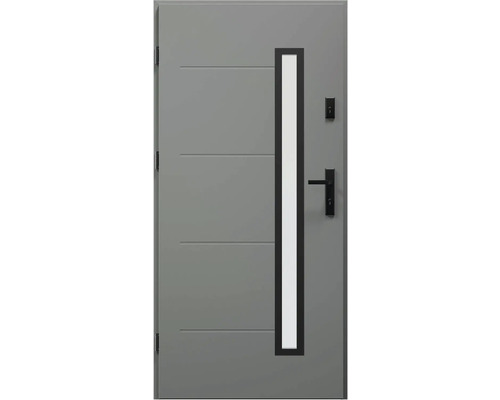 Šedé vchodové dveře se skleněnou vložkou a klikou