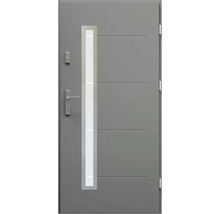 Šedé vchodové dveře se skleněnou vložkou, klikou a zámkem