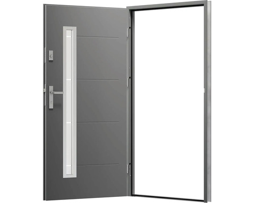 Otevřené vchodové dveře se skleněnou vložkou a boční klikou