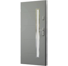 Šedé vchodové dveře se skleněnou vložkou, klikou a zámkem