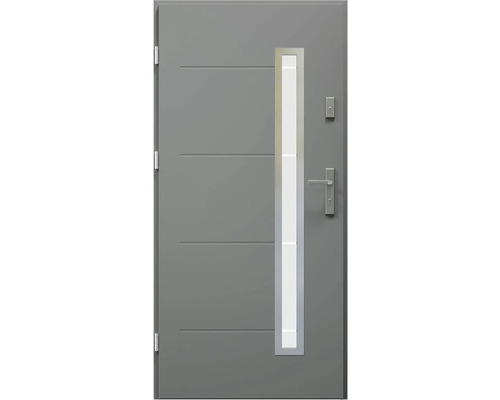 Šedé vchodové dveře se skleněnou vložkou a vodorovnými liniemi