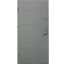 Šedé vchodové dveře s vodorovnými ozdobnými liniemi, klikou a zámkem