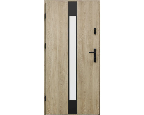 Dřevěné dveře se skleněnou vložkou a černým rámem