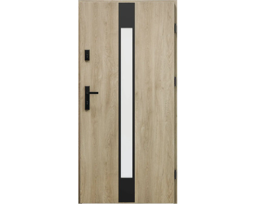 Dřevěné dveře se skleněnou vložkou a kováním