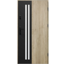 Vchodové dveře se dvěma bílými ozdobnými lištami a kováním