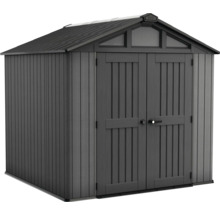 Plastový zahradní domek s dvoukřídlými dveřmi a střechou