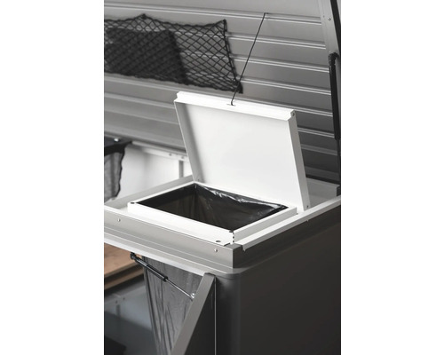 Systém třídění odpadu s otevřeným víkem a síťovanou taškou pro třídění odpadu