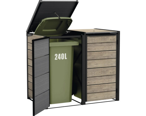 Dvojitý box na popelnice s dřevěným obložením a otevřenou popelnicí o objemu 240 litrů