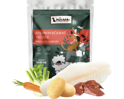 Krmivo pro psy Mixano s rybami a bramborami v balení s ilustracemi psů