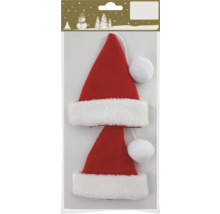 Dvě červené čepice Santa Clause s bílým lemem a bambulí jako ozdoba na vánoční stromeček