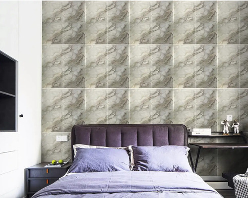 Samolepící panel Mramor Calacatta Vagli 60 x 30 cm balení 6 ks Ložnice s obkladem stěn se vzhledem mramoru, postel a noční stolek