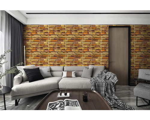 Samolepící panel Cihlová zeď 60 x 30 cm Obývací pokoj s tapetou se vzorem cihel, pohovkou, stolem a dveřmi
