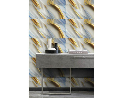 Samolepící panel Quarzit svatozář 60 x 30cm, 6ks Obkladové dlaždice s abstraktním vzorem ve zlaté a modré barvě za umyvadlem