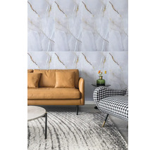 Obývací pokoj s mramorovými obkladovými dlaždicemi, koženou pohovkou a vzorovaným křeslem