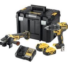 Sada nářadí DeWalt s vrtačkou, úhlovou bruskou, kufříkem na nářadí, nabíječkou a dvěma bateriemi