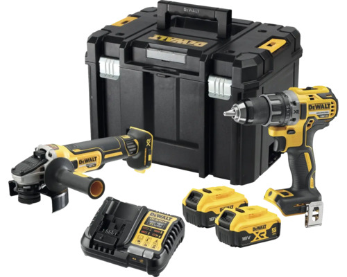 Sada nářadí DeWalt s vrtačkou, úhlovou bruskou, kufříkem na nářadí, nabíječkou a dvěma bateriemi
