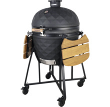 Černý keramický gril na kolečkách s dřevěnými policemi