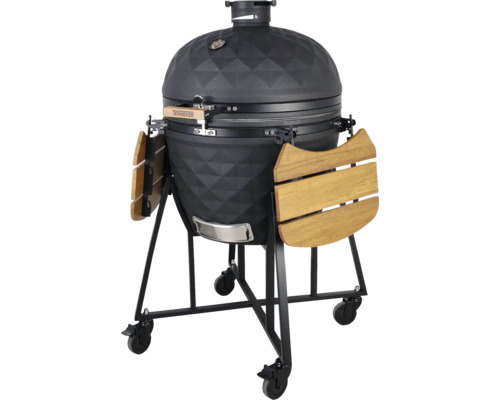 Černý keramický gril na kolečkách s dřevěnými policemi