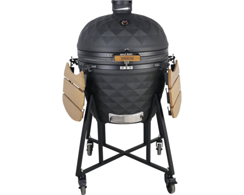 Keramický gril na kolečkách se dvěma dřevěnými policemi