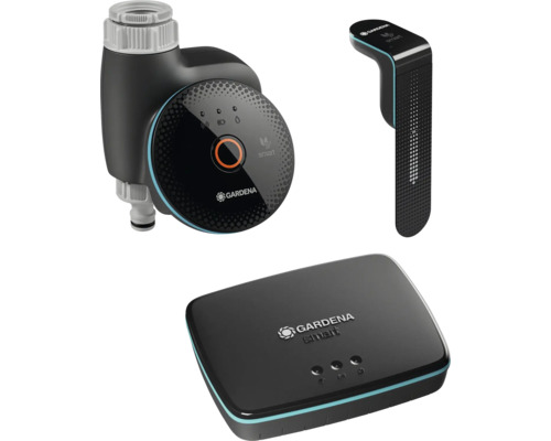 Gardena Smart System skládající se z ovládání zavlažování, senzoru a brány