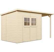 Dřevěný zahradní domek s dvoukřídlými dveřmi a okny