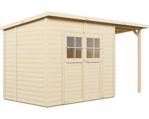 Dřevěný zahradní domek s dvoukřídlými dveřmi a okny