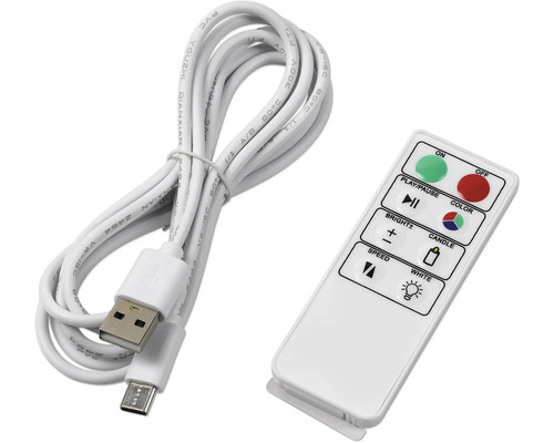 Bílý USB kabel a dálkové ovládání