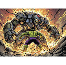 Ilustrace konfrontace mezi zelenou postavou a velkou, obrněnou robotickou postavou