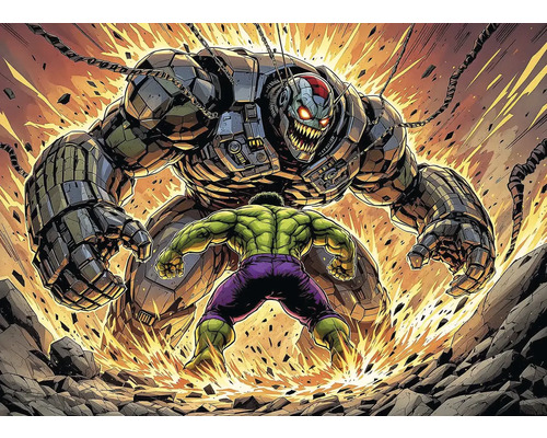 Obraz Decopanel Marvel Superheroes ART-H 100 x 70 cm Ilustrace konfrontace mezi zelenou postavou a velkou, obrněnou robotickou postavou