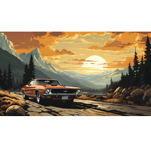 Veterán projíždí silnicí malebnou horskou krajinou při západu slunce.