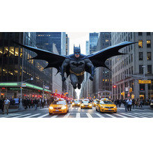 Batman létá nad newyorskou ulicí se žlutými taxíky a lidmi.